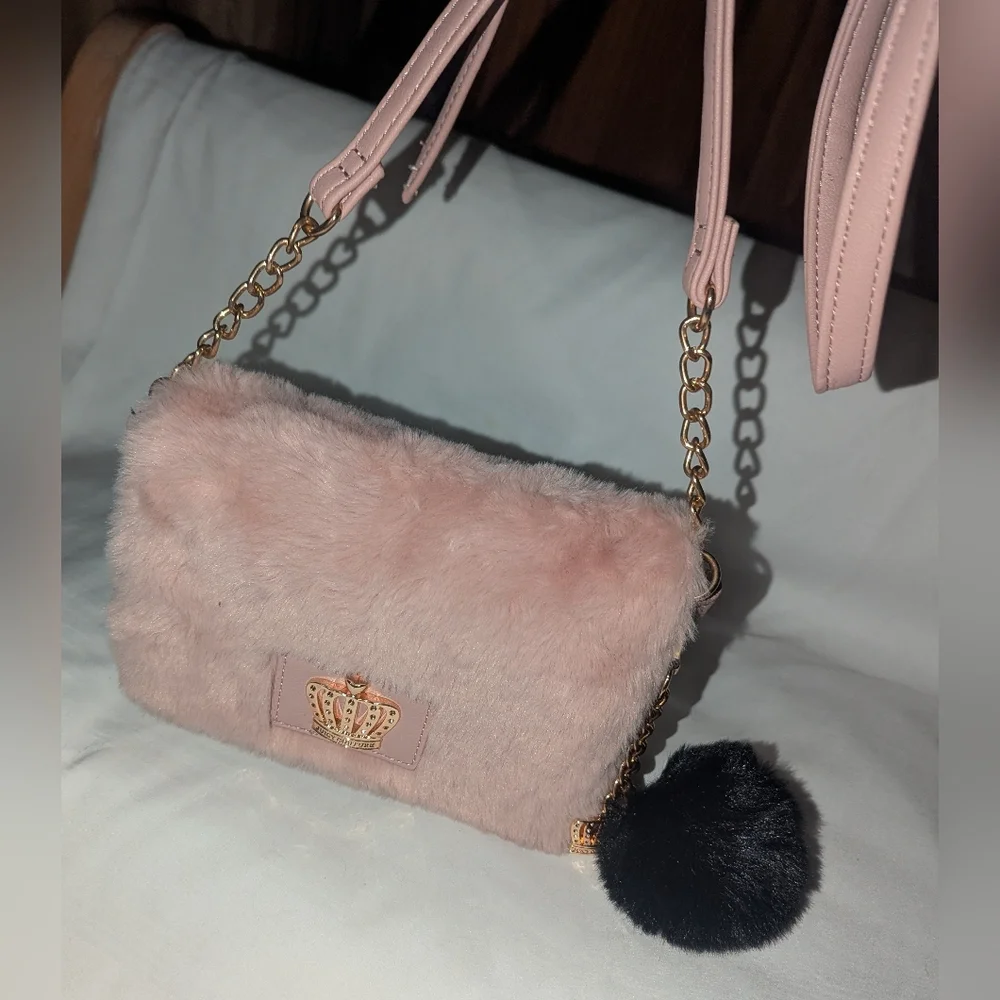 Juicy Couture Pink Faux Fur Crossbody Bag with Crown Emblem And Pom Pom Keychain